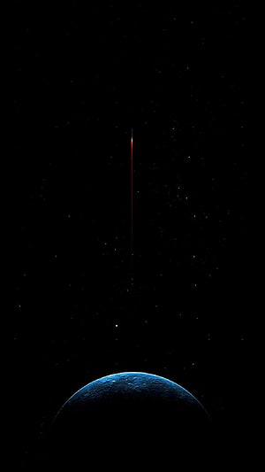 Minimalist Space Scene with Blue Planet and Vertical Light Streak on Black Background HD phone wallpaper