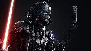 Darth Vader Mecha Concept Art with Red Lightsaber and Space Station HD wallpaper