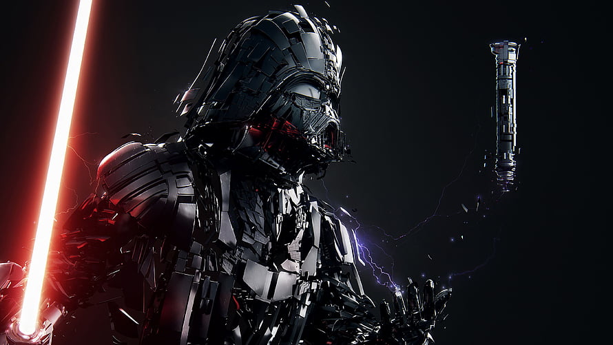 Darth Vader Mecha Concept Art with Red Lightsaber and Space Station HD wallpaper