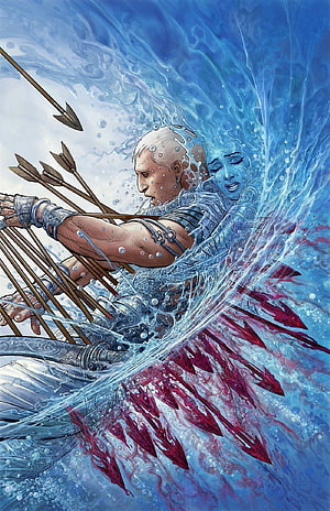 Fantasy Archer Underwater with Blue Spirit and Red Arrows HD phone wallpaper