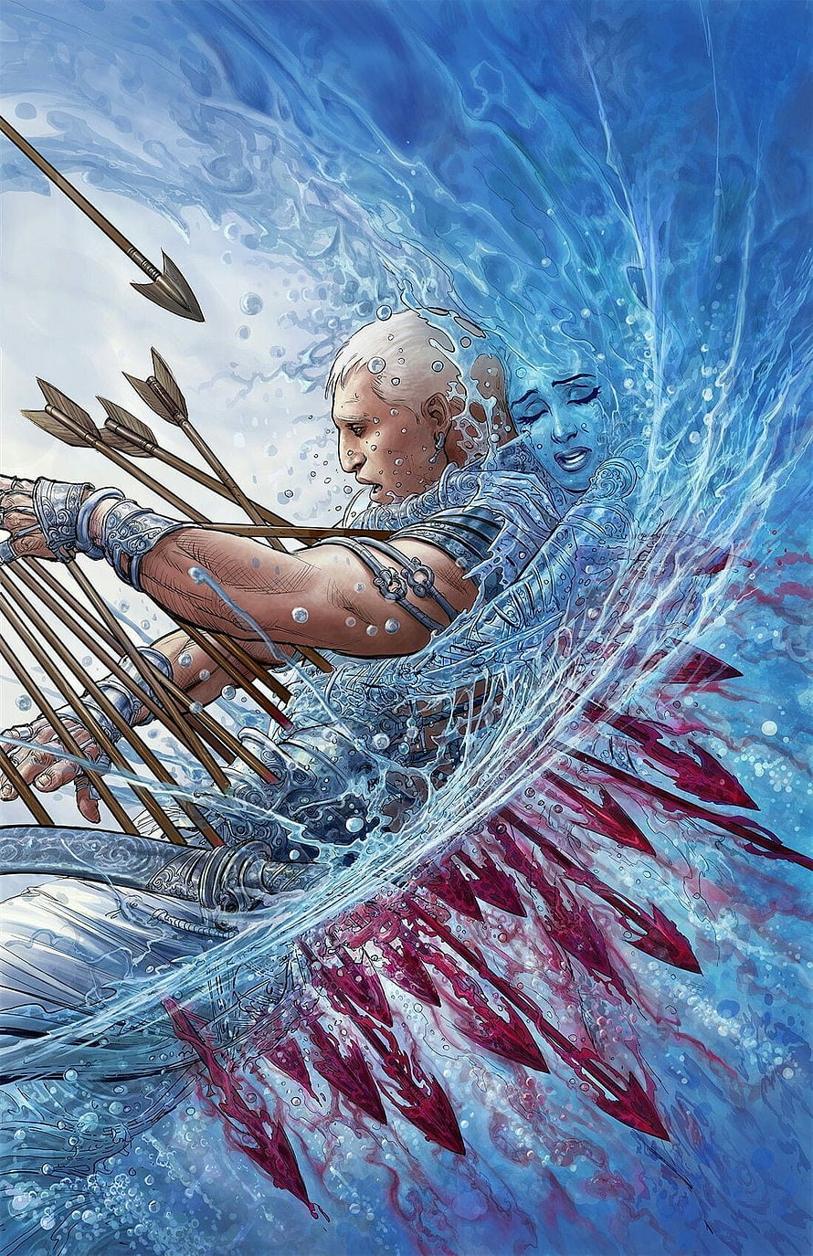 Fantasy Archer Underwater with Blue Spirit and Red Arrows HD phone wallpaper