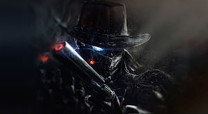 Dark Fantasy Cowboy with Glowing Visor and Revolver in Cinematic Digital Art HD wallpaper