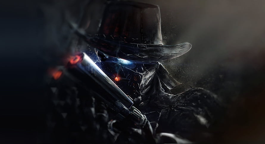 Dark Fantasy Cowboy with Glowing Visor and Revolver in Cinematic Digital Art HD wallpaper