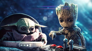 Baby Yoda and Baby Groot Interacting at a Sci-Fi Control Panel HD wallpaper