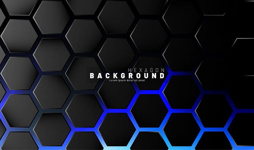 Futuristic Black Hexagon Grid with Blue Neon Glow and Geometric Pattern HD wallpaper