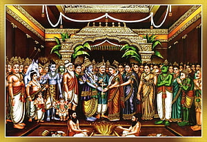 Radha Krishna Wedding Ceremony Illustration with Deities and Ganesha HD wallpaper