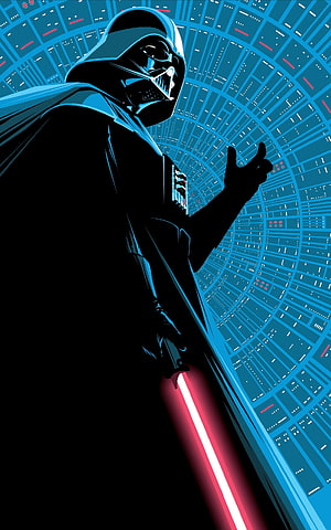 Darth Vader Silhouette with Red Lightsaber in Minimalist Blue Star Wars Illustration HD phone wallpaper