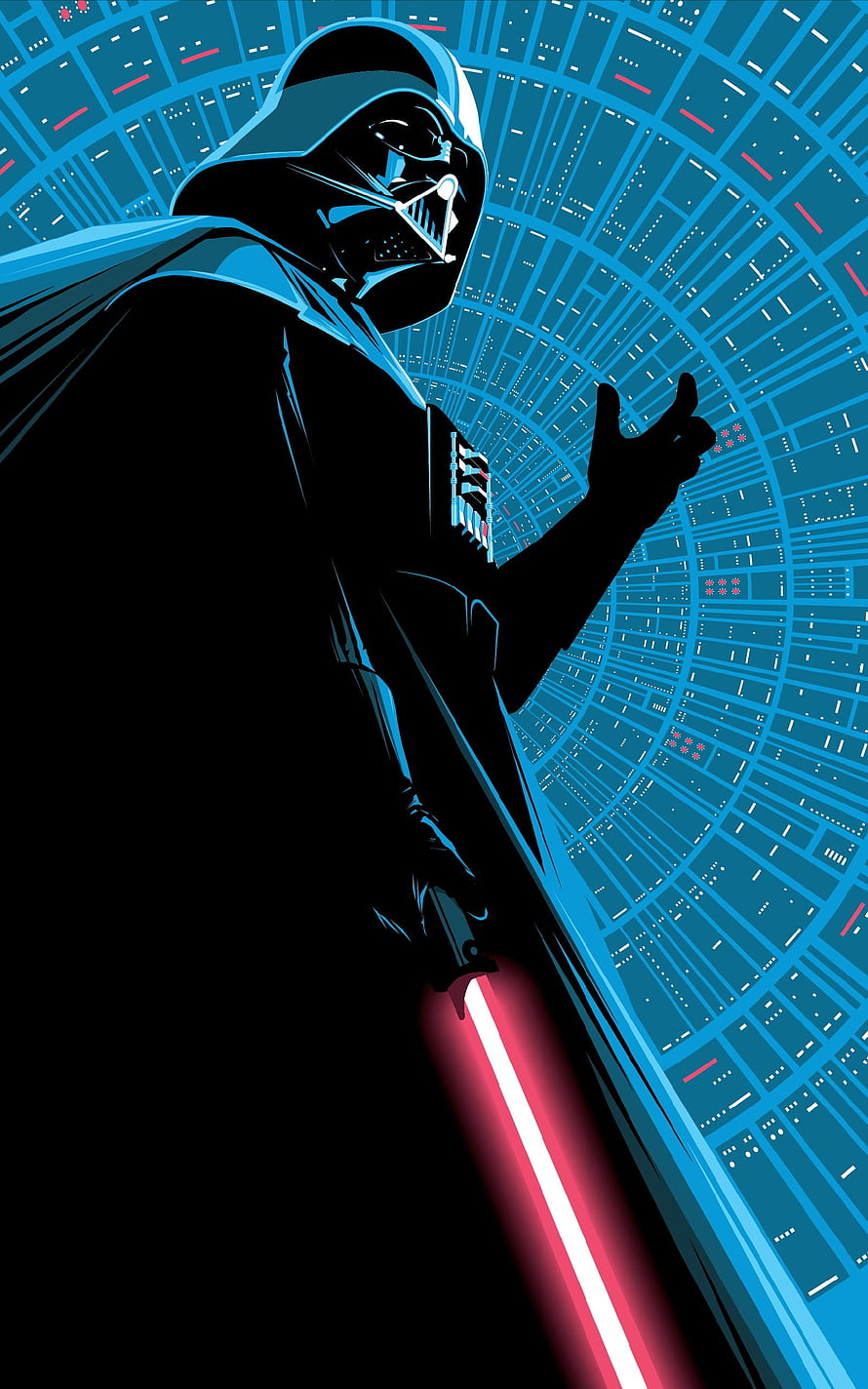 Darth Vader Silhouette with Red Lightsaber in Minimalist Blue Star Wars Illustration HD phone wallpaper