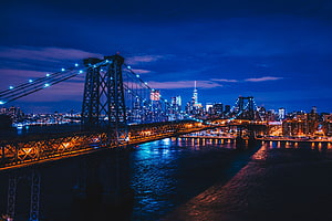 Manhattan Bridge and New York City Skyline at Night with Blue Hour Lighting, New York, Cities, Usa, Night City, Bridge, United States HD wallpaper