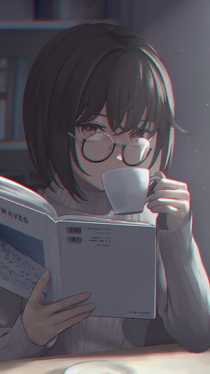 Anime Girl with Round Glasses Reading a Book and Sipping Coffee in a Cozy Library Setting HD phone wallpaper