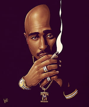 Tupac Shakur Digital Portrait Smoking Cigar With Gold Jewelry and Death Row Records Pendant HD phone wallpaper