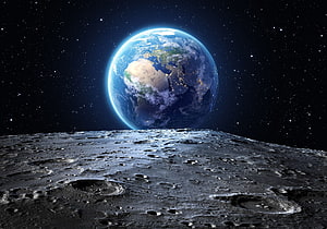 Earth Rising Over the Moon's Cratered Surface in Deep Space HD wallpaper
