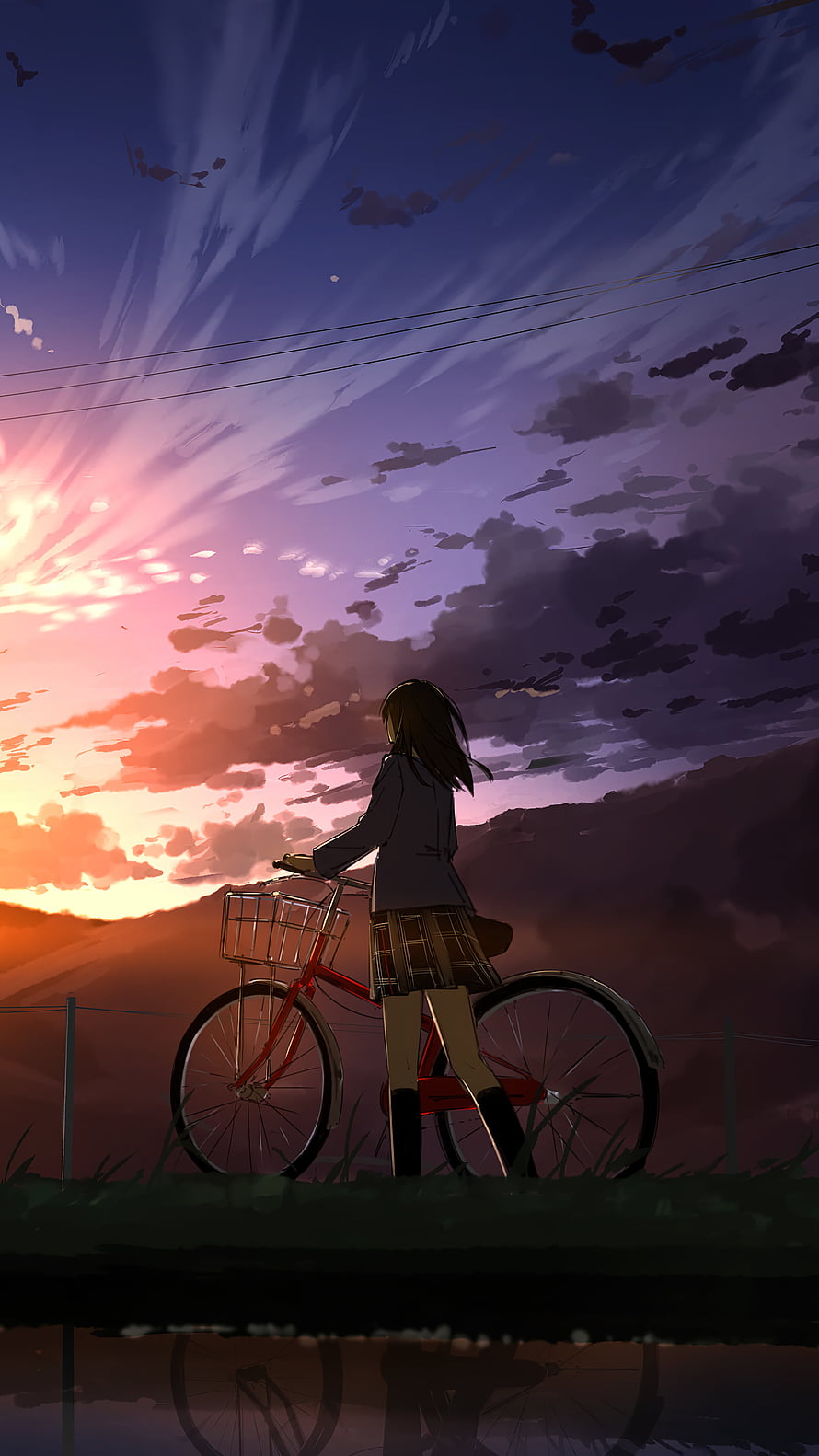 Anime Girl With Bicycle Watching Sunset Over Mountains HD phone wallpaper
