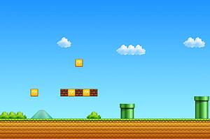 Classic Mario Side-Scrolling Level with Question Blocks and Green Pipes HD wallpaper