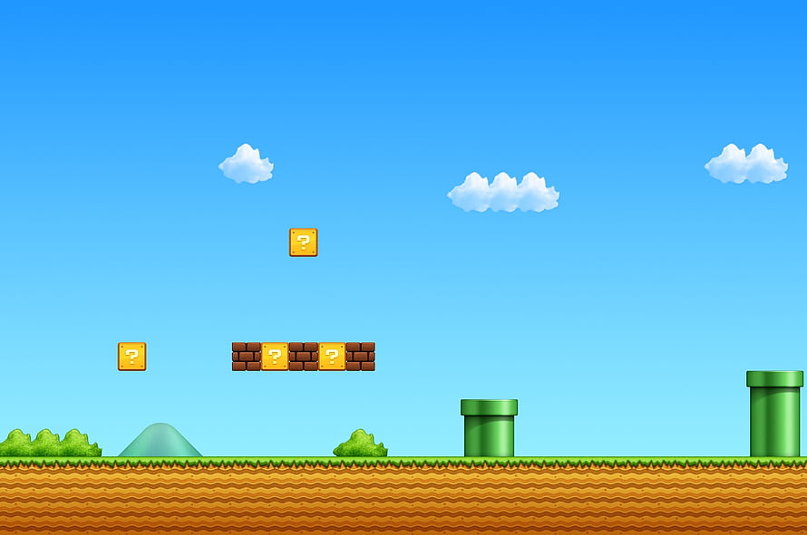 Classic Mario Side-Scrolling Level with Question Blocks and Green Pipes HD wallpaper