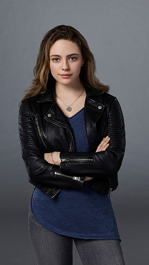Danielle Rose Russell in Black Leather Jacket and Blue Top HD phone wallpaper