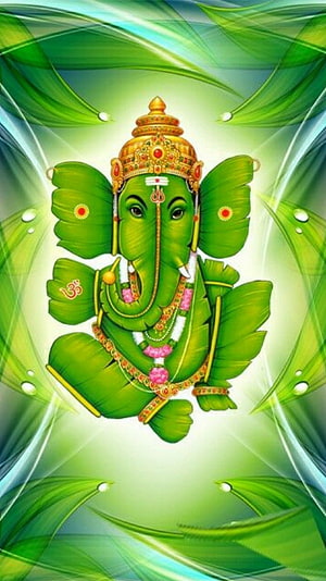 Green Ganesha Digital Art with Golden Crown and Floral Garland on Leaf Background HD phone wallpaper