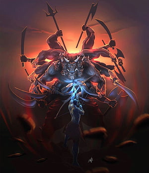 Archer Defiantly Aiming Bow at Massive Multi-Armed Demon Warrior HD phone wallpaper