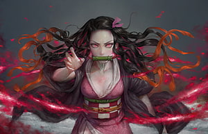 Nezuko Kamado Demon Form with Bamboo Mouthpiece and Crimson Energy Aura HD wallpaper