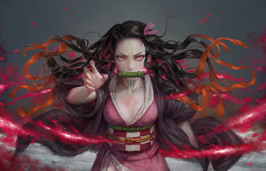 Nezuko Kamado Demon Form with Bamboo Mouthpiece and Crimson Energy Aura HD wallpaper