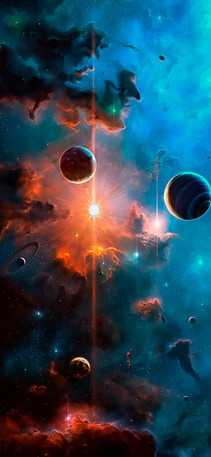 Vibrant Cosmic Nebula With Glowing Planets And Starlight HD phone wallpaper
