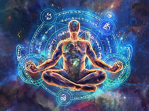 Cosmic Meditating Figure with Sacred Geometry and Chakra Symbols HD wallpaper