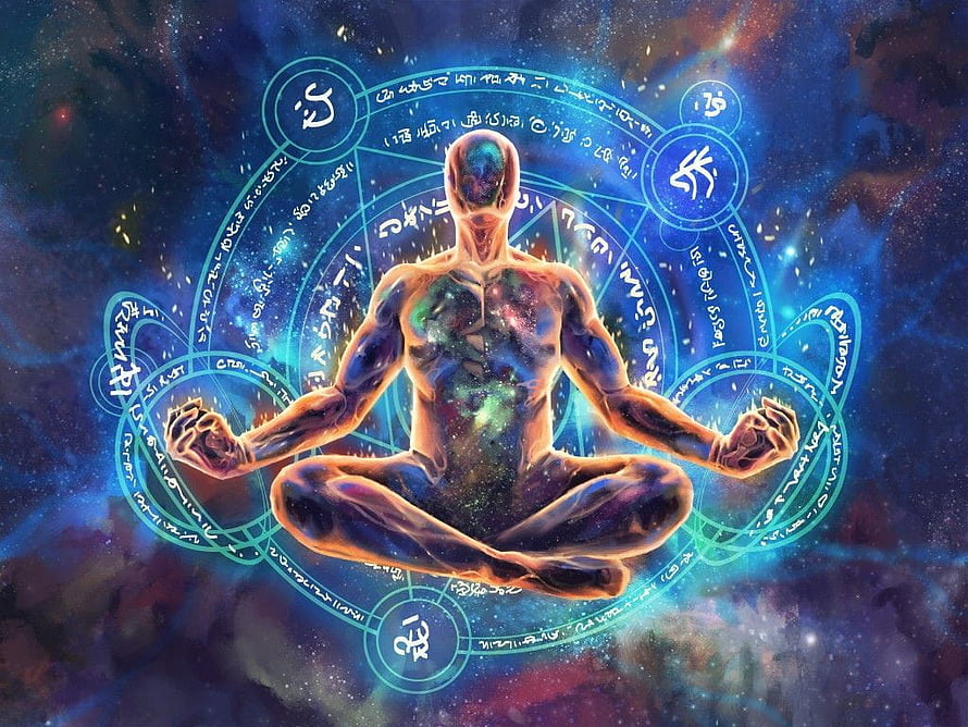 Cosmic Meditating Figure with Sacred Geometry and Chakra Symbols HD wallpaper