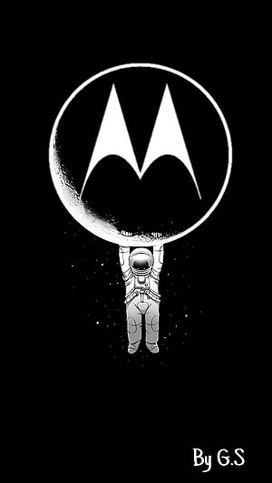 Astronaut Lifting Giant Motorola Logo in Black and White Space Illustration HD phone wallpaper
