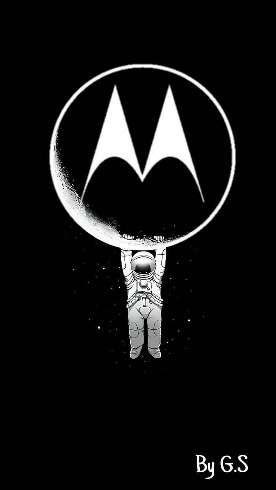 Astronaut Lifting Giant Motorola Logo in Black and White Space Illustration HD phone wallpaper