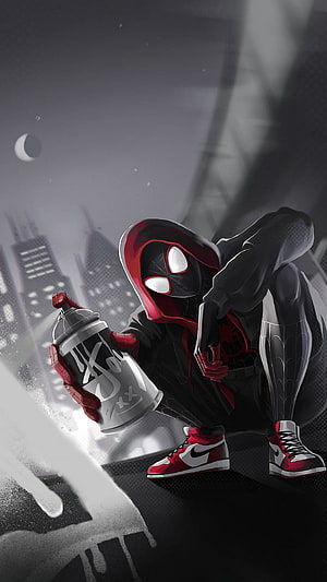 Miles Morales Spider-Man Crouching With Spray Paint Can In Urban Cityscape, Spiderman miles morale, milesmorales, spidermanmilesmorales, black, dark HD phone wallpaper