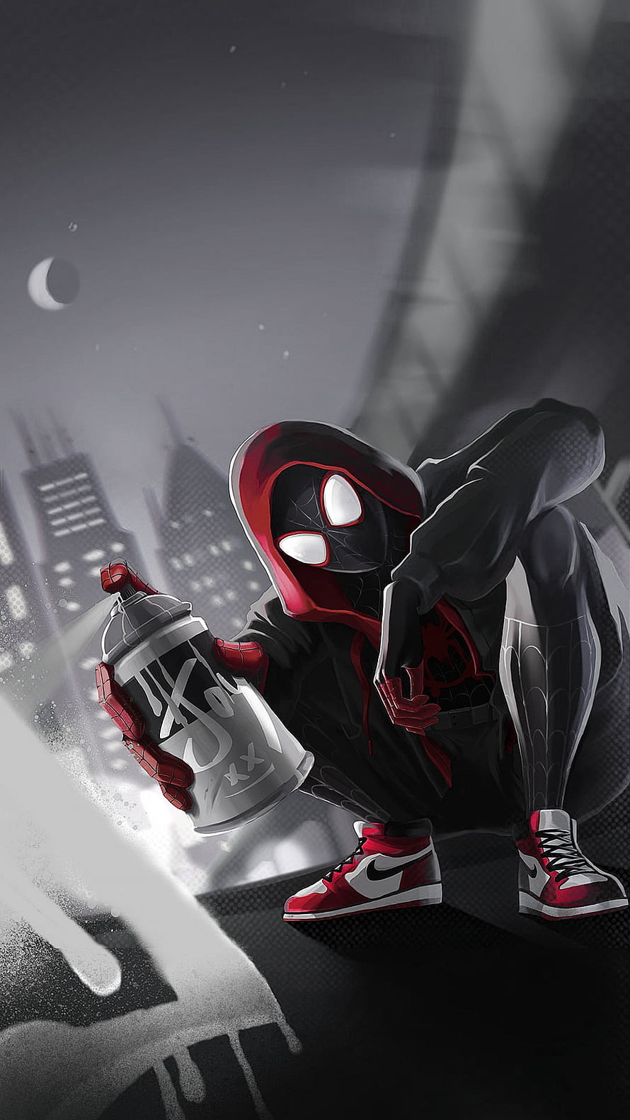 Miles Morales Spider-Man Crouching With Spray Paint Can In Urban Cityscape, Spiderman miles morale, milesmorales, spidermanmilesmorales, black, dark HD phone wallpaper