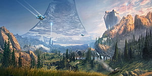 Halo Infinite Sci-Fi Landscape With Floating Structures And Spaceships HD wallpaper