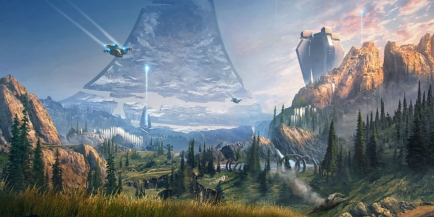 Halo Infinite Sci-Fi Landscape With Floating Structures And Spaceships HD wallpaper