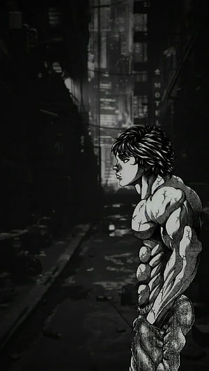 Baki Hanma standing in a dark gritty alleyway with a motel sign in the background HD phone wallpaper