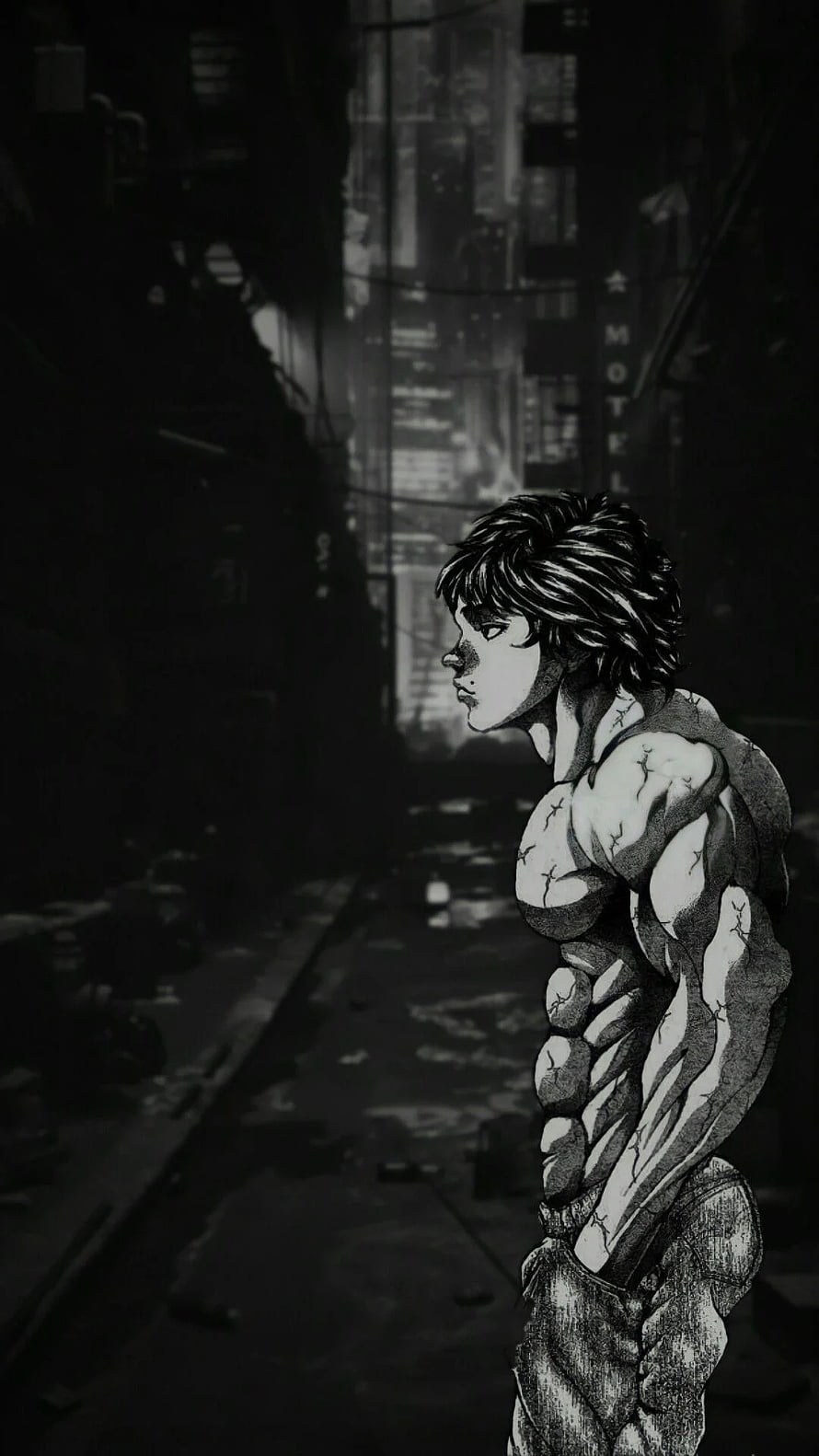 Baki Hanma standing in a dark gritty alleyway with a motel sign in the background HD phone wallpaper