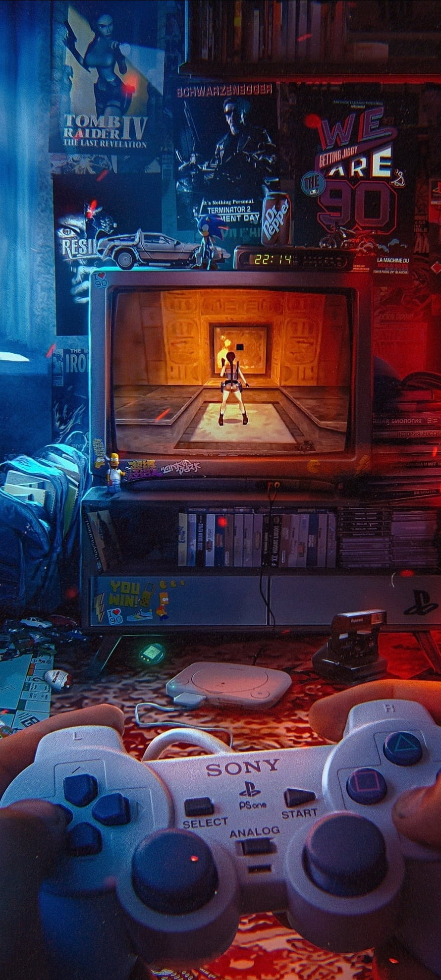 Nostalgic PlayStation 1 Gaming Setup Featuring Tomb Raider and Retro 90s Aesthetic HD phone wallpaper