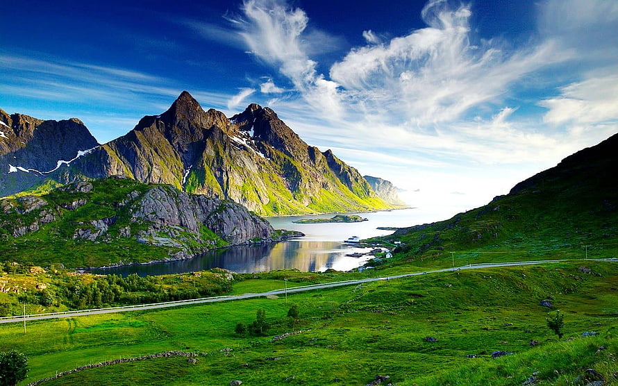 Norwegian Fjord Landscape with Green Hills and Mountain Peaks HD wallpaper