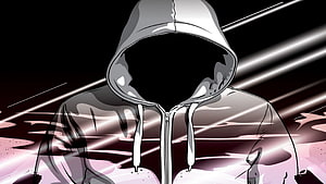 Mysterious Hooded Figure in Dark Anime Style with Dramatic Light Streaks HD wallpaper
