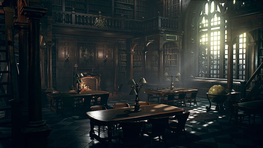 Hogwarts Library Interior Concept Art with Gothic Architecture and Warm Firelight HD wallpaper