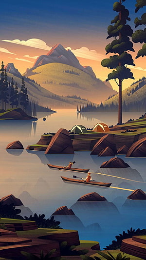 Serene Lake Camping Scene With Canoeing And Mountain Views HD phone wallpaper