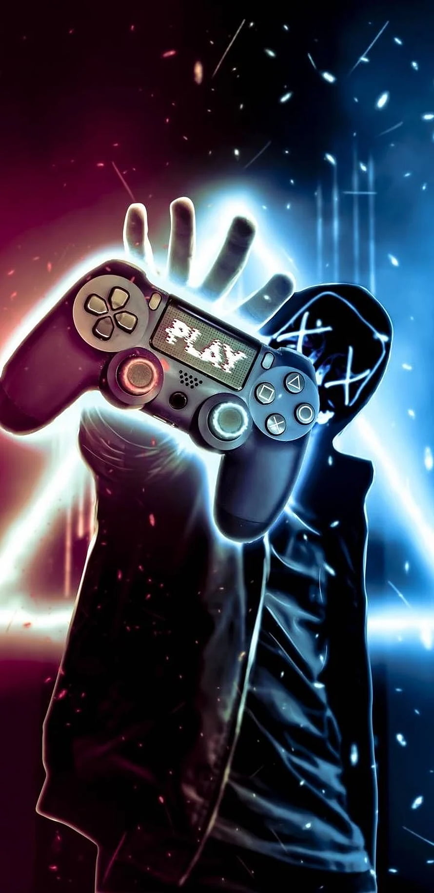 Glowing PlayStation Controller Held by Hooded Figure in Neon Blue and Red Light HD phone wallpaper
