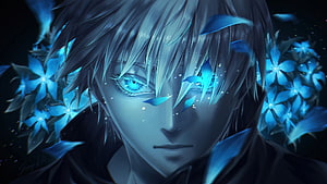 Jujutsu Kaisen Character Portrait with Glowing Blue Flowers and Dark Atmosphere HD wallpaper