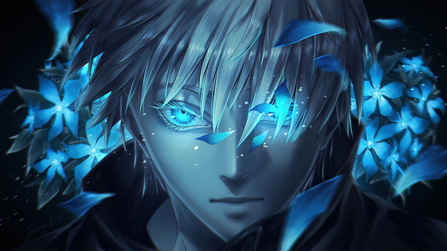 Jujutsu Kaisen Character Portrait with Glowing Blue Flowers and Dark Atmosphere HD wallpaper