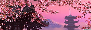 Cherry Blossoms Framing Traditional Japanese Temple and Pagoda with Mount Fuji HD wallpaper