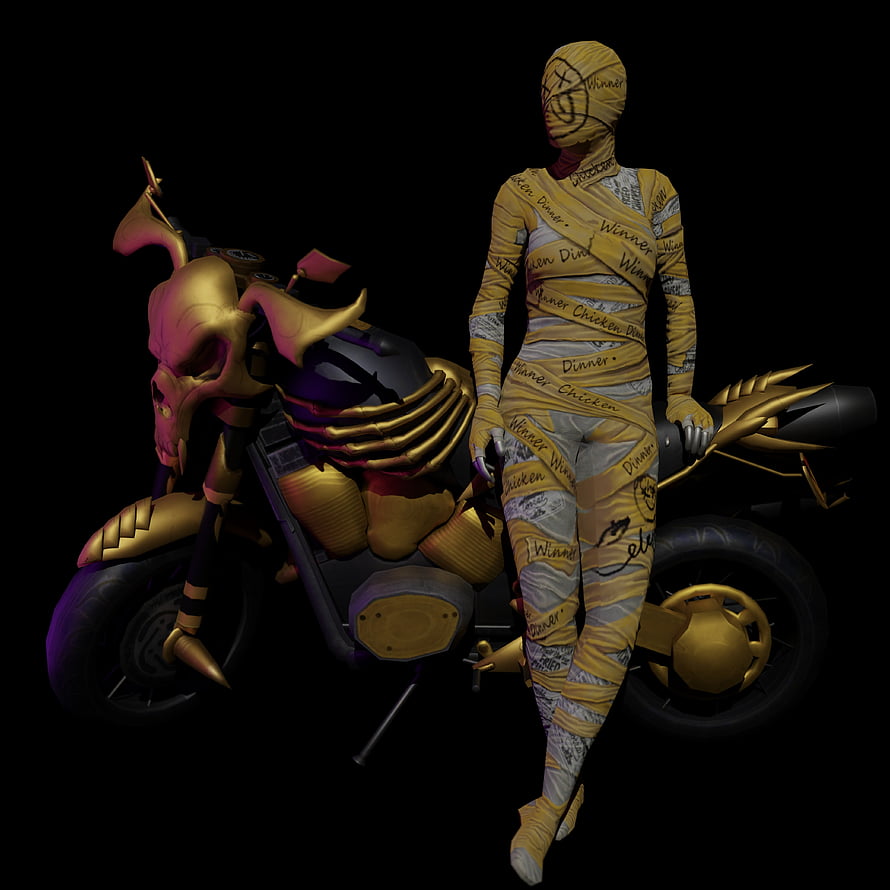 3D Render of Mummy Character Wrapped in Newspaper Standing Beside Golden Skull Motorcycle HD phone wallpaper