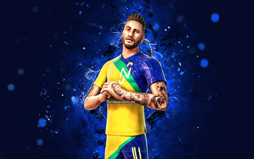 Neymar Fortnite Skin in Brazil Jersey with Blue Neon Particle Effects HD wallpaper