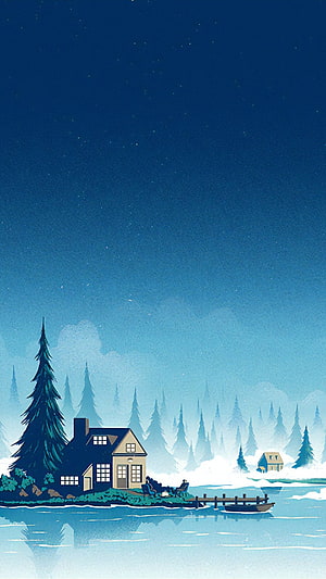 Cozy Cabin by the Lake at Night with Starry Sky and Pine Forest HD phone wallpaper