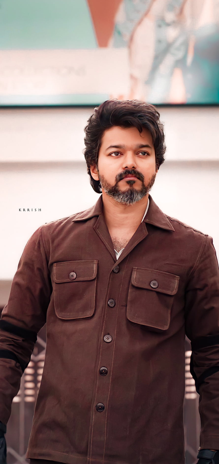 Thalapathy Vijay in a rugged brown shirt with a salt-and-pepper beard HD phone wallpaper