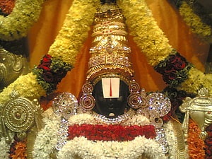 Lord Venkateswara Swamy adorned in gold crown and vibrant flower garlands HD wallpaper