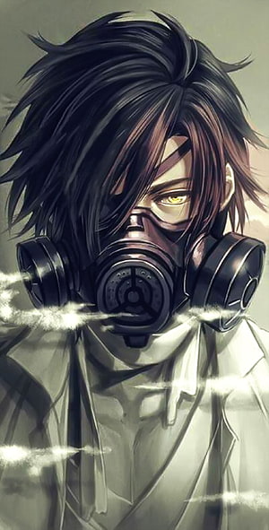 Dark Anime Male Character Wearing a Gas Mask with Glowing Yellow Eyes HD phone wallpaper